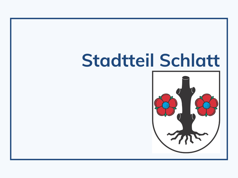 Das Bild zeigt ein Schild mit der Aufschrift "Stadtteil Schlatt" und einem Wappen, das einen Baumstumpf und zwei rote Blumen darstellt.