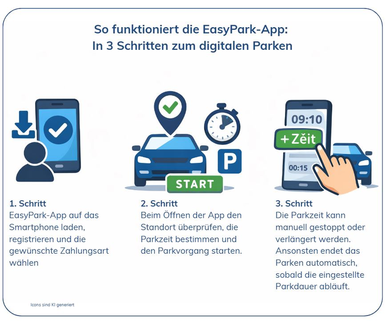 Abbildung zur Nutzung der EasyPark-App in drei Schritten.