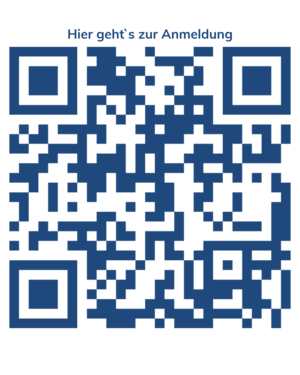 Das Bild zeigt einen blauen QR-Code auf schwarzem Hintergrund mit dem Text "Hier geht's zur Anmeldung" über dem Code.