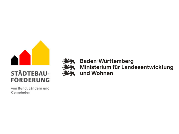 Das Bild zeigt die Logos der Städtebauförderung und des Ministeriums für Landesentwicklung und Wohnen Baden-Württemberg mit stilisierten Gebäuden und Löwen.