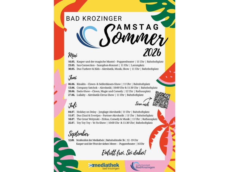 Das Bild zeigt ein farbenfrohes Plakat für den "Bad Krozinger SAMSTAG Sommer 2026" mit Veranstaltungen von Mai bis September, illustriert mit tropischen Motiven.