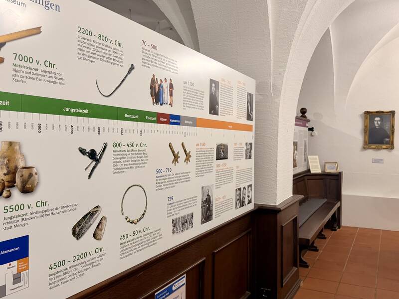 Eine Museumsausstellung zeigt eine Zeitleiste mit historischen Artefakten und Informationstafeln in einem gewölbten Raum.