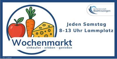 Das Bild ist ein Plakat, das für einen Wochenmarkt in Bad Krozingen wirbt und Illustrationen eines Apfels, einer Karotte und eines Käsestücks zeigt. Erstellt mit Canva.