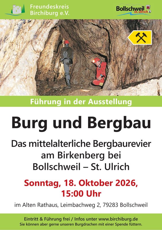 Ein Plakat wirbt für eine Führung in der Ausstellung "Burg und Bergbau" am 18. Oktober 2026 um 15:00 Uhr mit einem Bild von zwei Personen in einem Bergwerksstollen.
